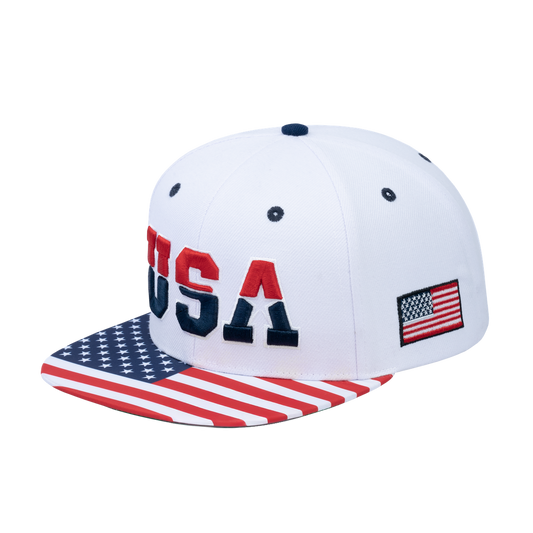 Classic US American Flag 6-Panel Snapback Flat Bill Baseball Cap with White front and White back
