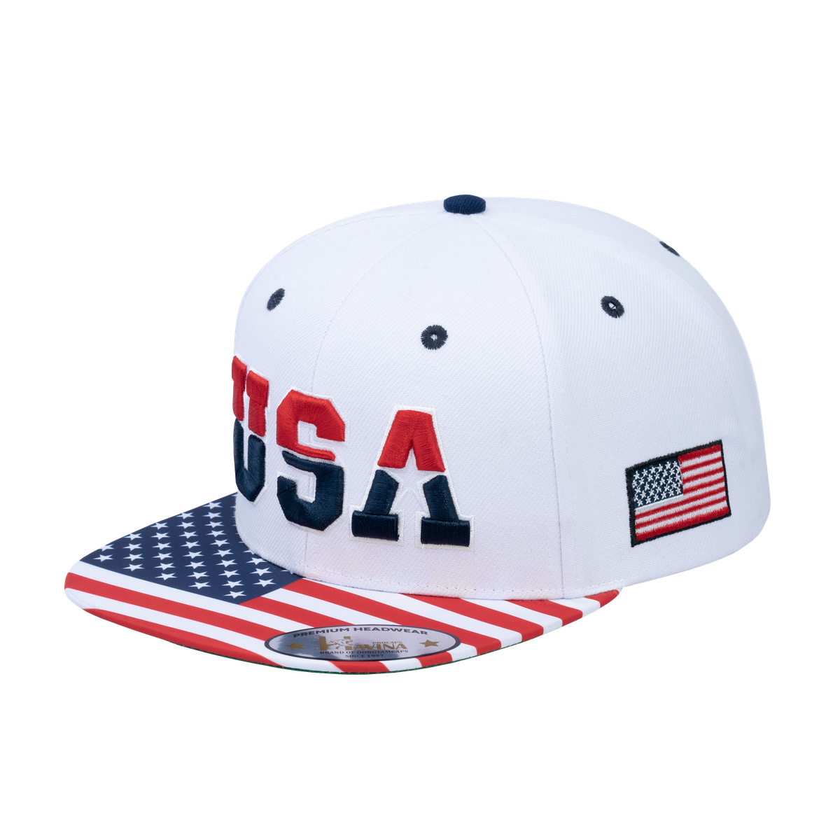 Embroidered Classic US American Flag - 6 Panel Snap Baseball Cap - White
