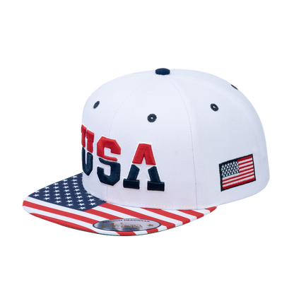 Embroidered Classic US American Flag - 6 Panel Snap Baseball Cap - White