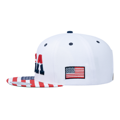 Embroidered Classic US American Flag - 6 Panel Snap Baseball Cap - White