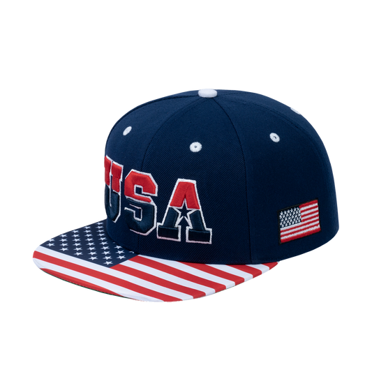 Classic US American Flag 6-Panel Snapback Flat Bill Baseball Cap with Navy front and Navy back