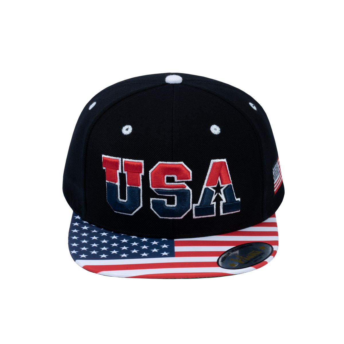 Embroidered Classic US American Flag - 6 Panel Snap Baseball Cap - Black
