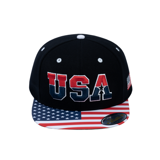 Embroidered Classic US American Flag - 6 Panel Snap Baseball Cap - Black