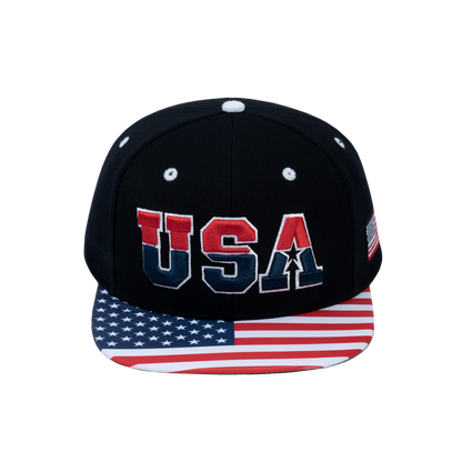 Classic US American Flag 6-Panel Snapback Flat Bill Baseball Cap with Black front and Black back