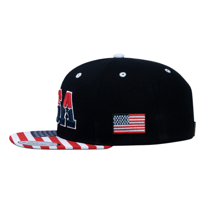 Classic US American Flag 6-Panel Snapback Flat Bill Baseball Cap with Black front and Black back