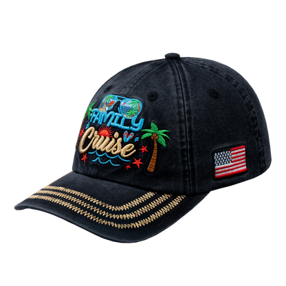 Family Cruise, Traveling 6-Panel Baseball Cap with Black front and Black back