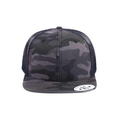 Blank 6-Panel Snapback Flat Bill Trucker Hat with Grey Camo front and Black back