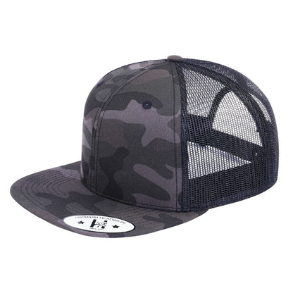 Blank 6-Panel Snapback Flat Bill Trucker Hat with Grey Camo front and Black back