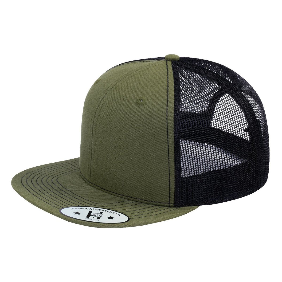 Blank 6-Panel Snapback Flat Bill Trucker Hat with Olive front and Black back
