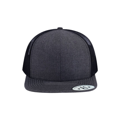 Blank 6-Panel Snapback Flat Bill Trucker Hat with Dark Grey Heather front and Black back