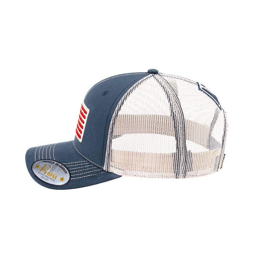 Embroidered The Us Flag - 6 Panel Trucker Hat - Navy/Beige - Classic
