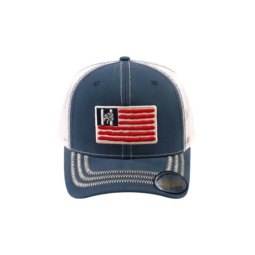 Embroidered The Us Flag - 6 Panel Trucker Hat - Navy/Beige - Zig Zag