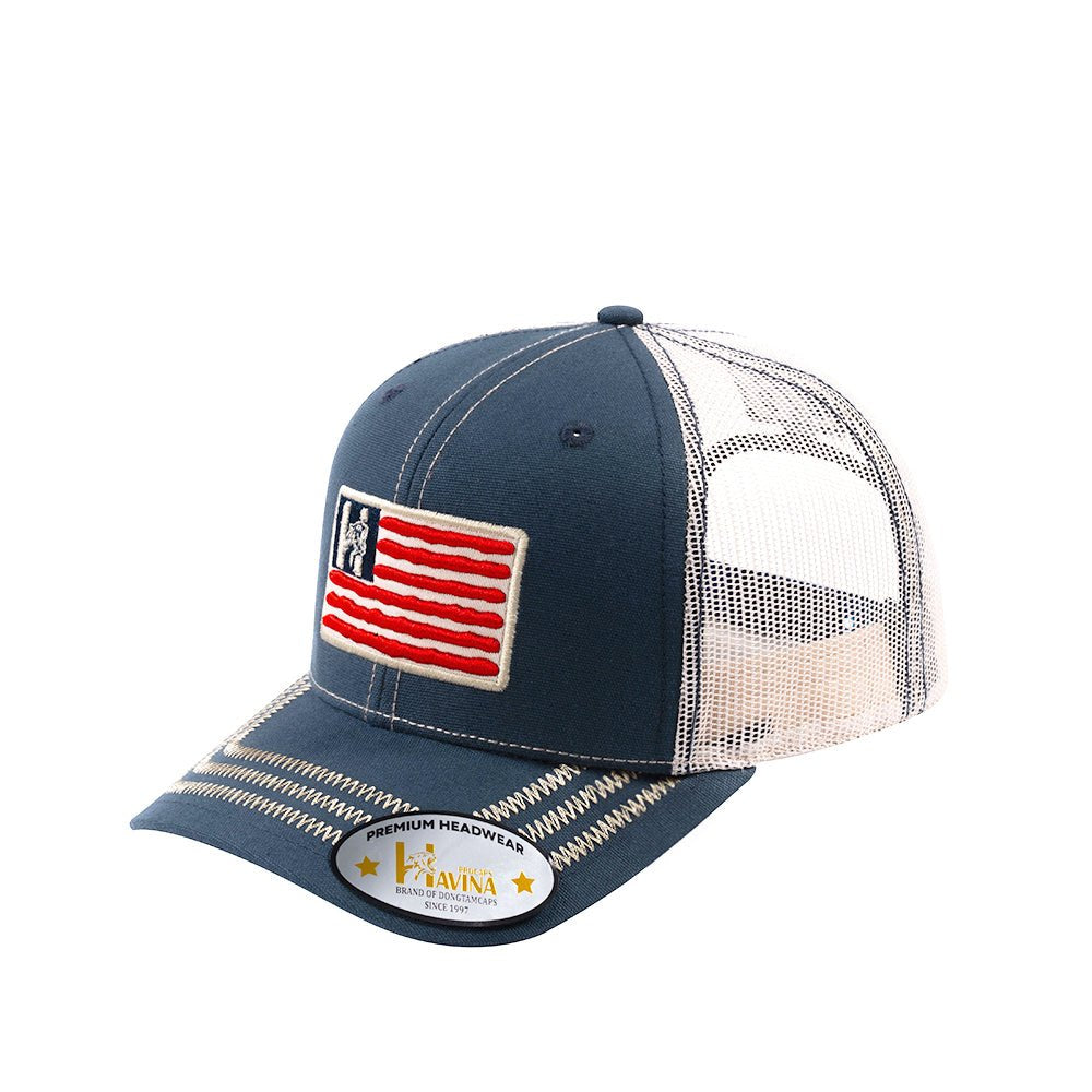 Embroidered The Us Flag - 6 Panel Trucker Hat - Navy/Beige - Zig Zag