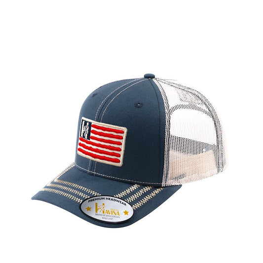 Embroidered The Us Flag - 6 Panel Trucker Hat - Navy/Beige - Zig Zag