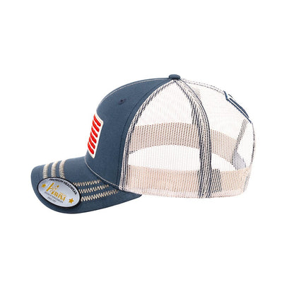 Embroidered The Us Flag - 6 Panel Trucker Hat - Navy/Beige - Zig Zag