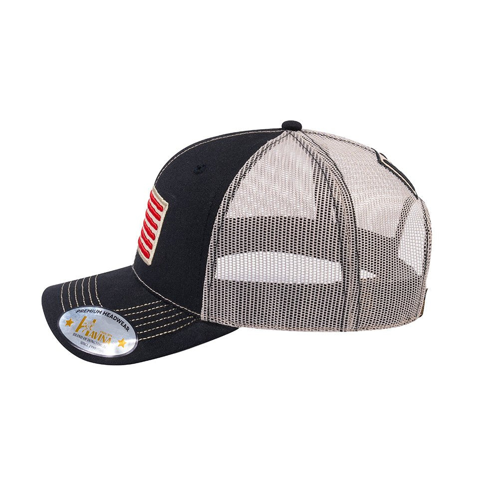 Embroidered The Us Flag - 6 Panel Trucker Hat - Black/Beige - Classic