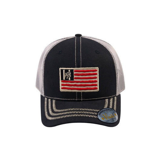 Embroidered The Us Flag - 6 Panel Trucker Hat - Black/Beige - Zig Zag