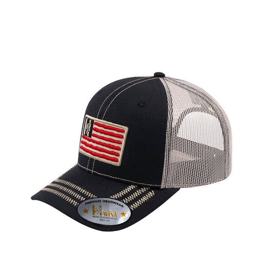 Embroidered The Us Flag - 6 Panel Trucker Hat - Black/Beige - Zig Zag