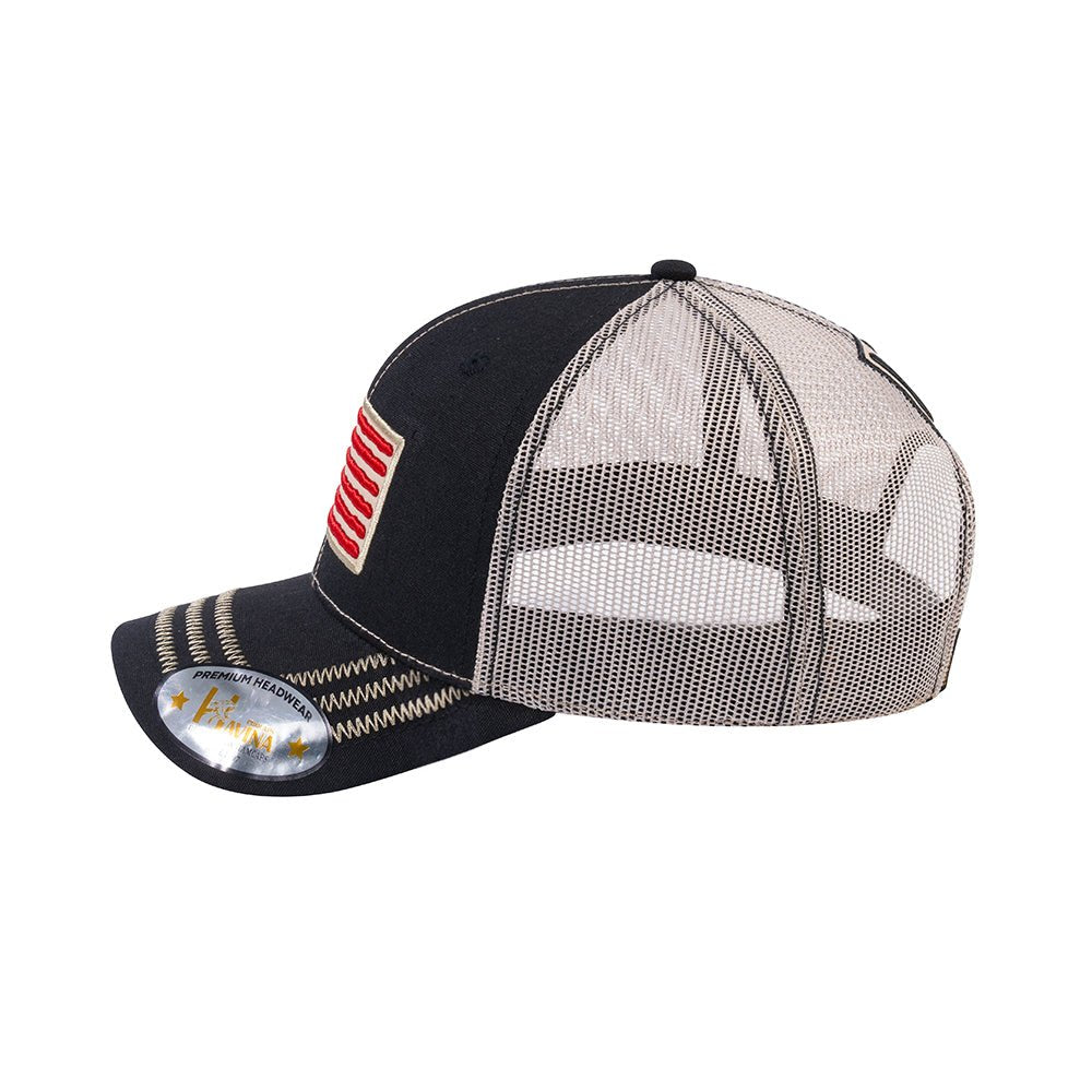 Embroidered The Us Flag - 6 Panel Trucker Hat - Black/Beige - Zig Zag