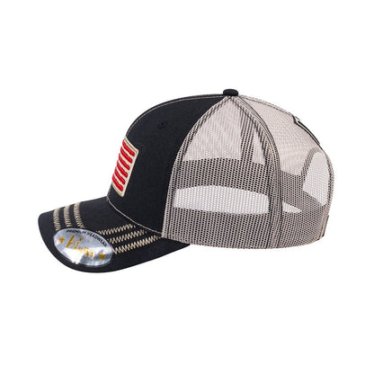 Embroidered The Us Flag - 6 Panel Trucker Hat - Black/Beige - Zig Zag
