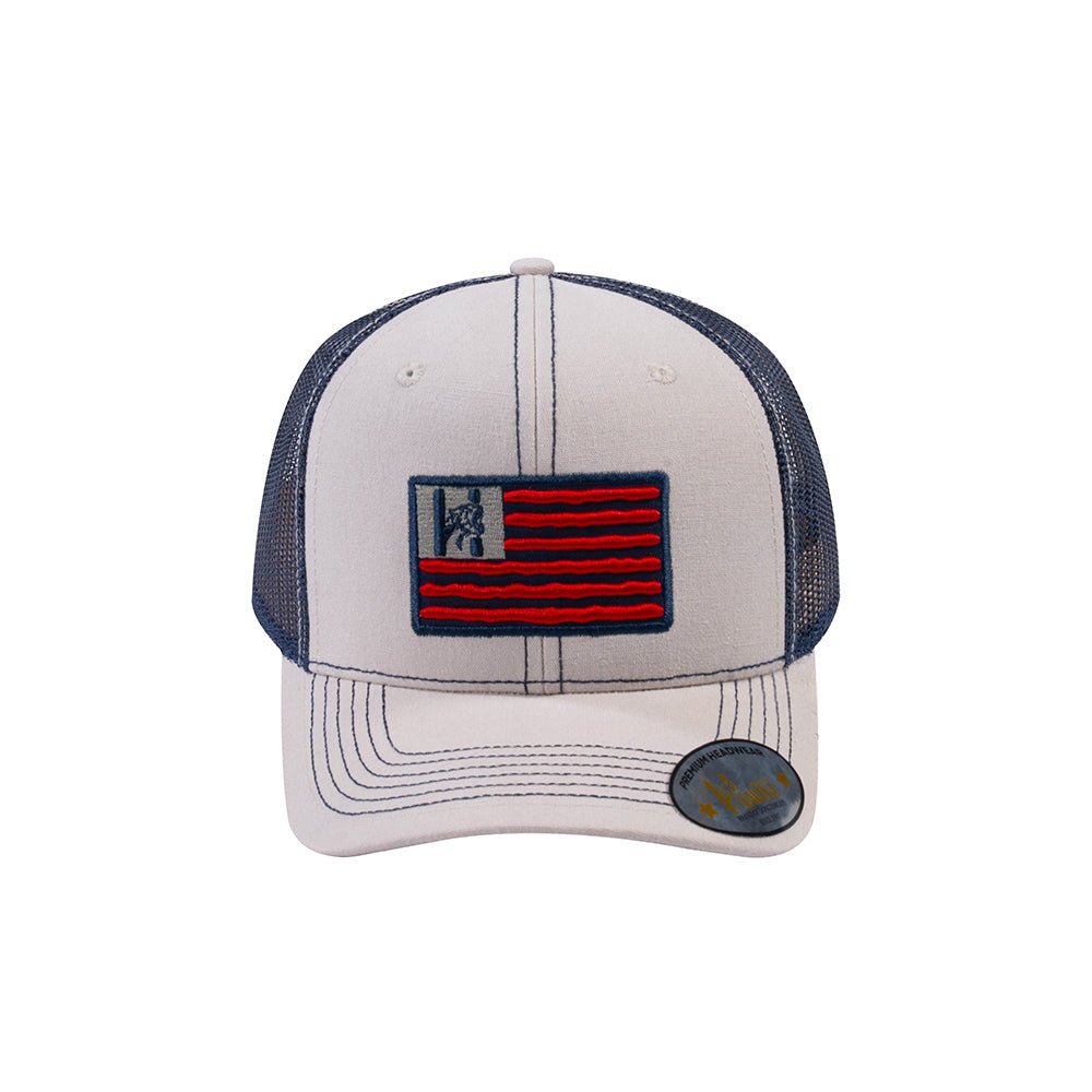 Embroidered The Us Flag - 6 Panel Trucker Hat - Beige/Navy - Classic