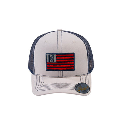Embroidered The Us Flag - 6 Panel Trucker Hat - Beige/Navy - Classic