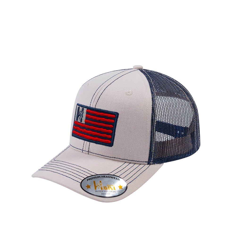 Embroidered The Us Flag - 6 Panel Trucker Hat - Beige/Navy - Classic