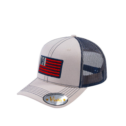 Embroidered The Us Flag - 6 Panel Trucker Hat - Beige/Navy - Classic