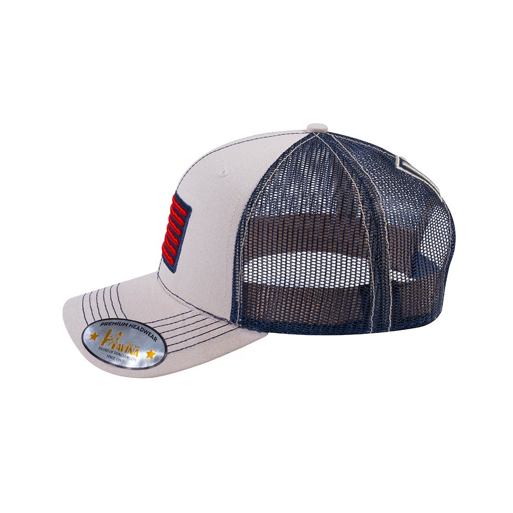 Embroidered The Us Flag - 6 Panel Trucker Hat - Beige/Navy - Classic