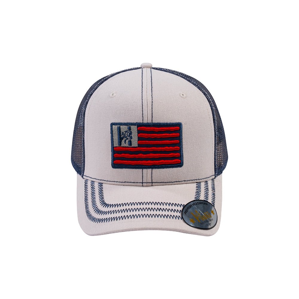 Embroidered The Us Flag - 6 Panel Trucker Hat - Beige/Navy - Zig Zag