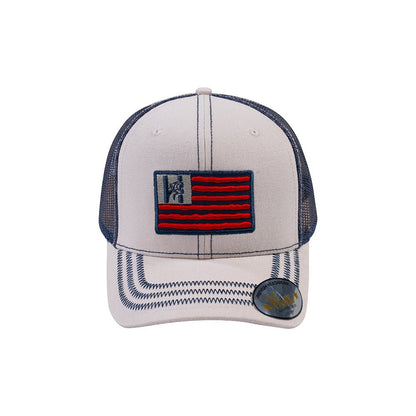 Embroidered The Us Flag - 6 Panel Trucker Hat - Beige/Navy - Zig Zag