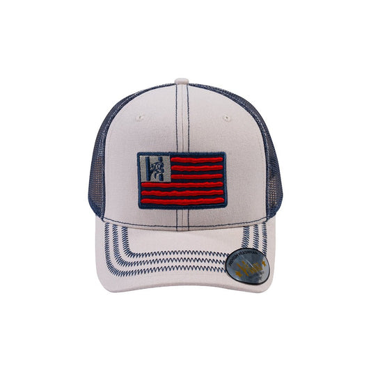 Embroidered The Us Flag - 6 Panel Trucker Hat - Beige/Navy - Zig Zag