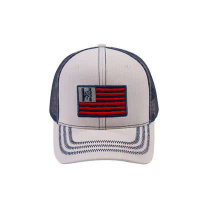 US Flag 6-Panel Trucker Hat with Beige front and Navy back