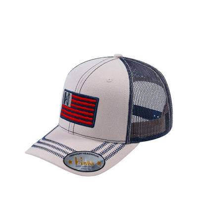Embroidered The Us Flag - 6 Panel Trucker Hat - Beige/Navy - Zig Zag