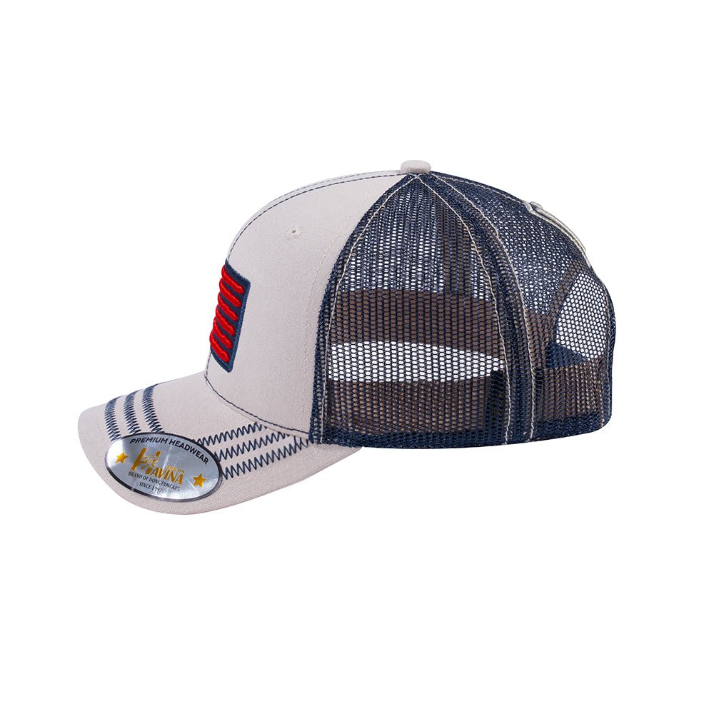 Embroidered The Us Flag - 6 Panel Trucker Hat - Beige/Navy - Zig Zag