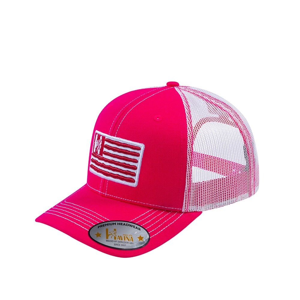 Embroidered The Us Flag - 6 Panel Trucker Hat - Pink/White - Classic