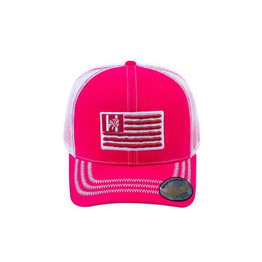 Embroidered The Us Flag - 6 Panel Trucker Hat - Pink/White - Zig Zag