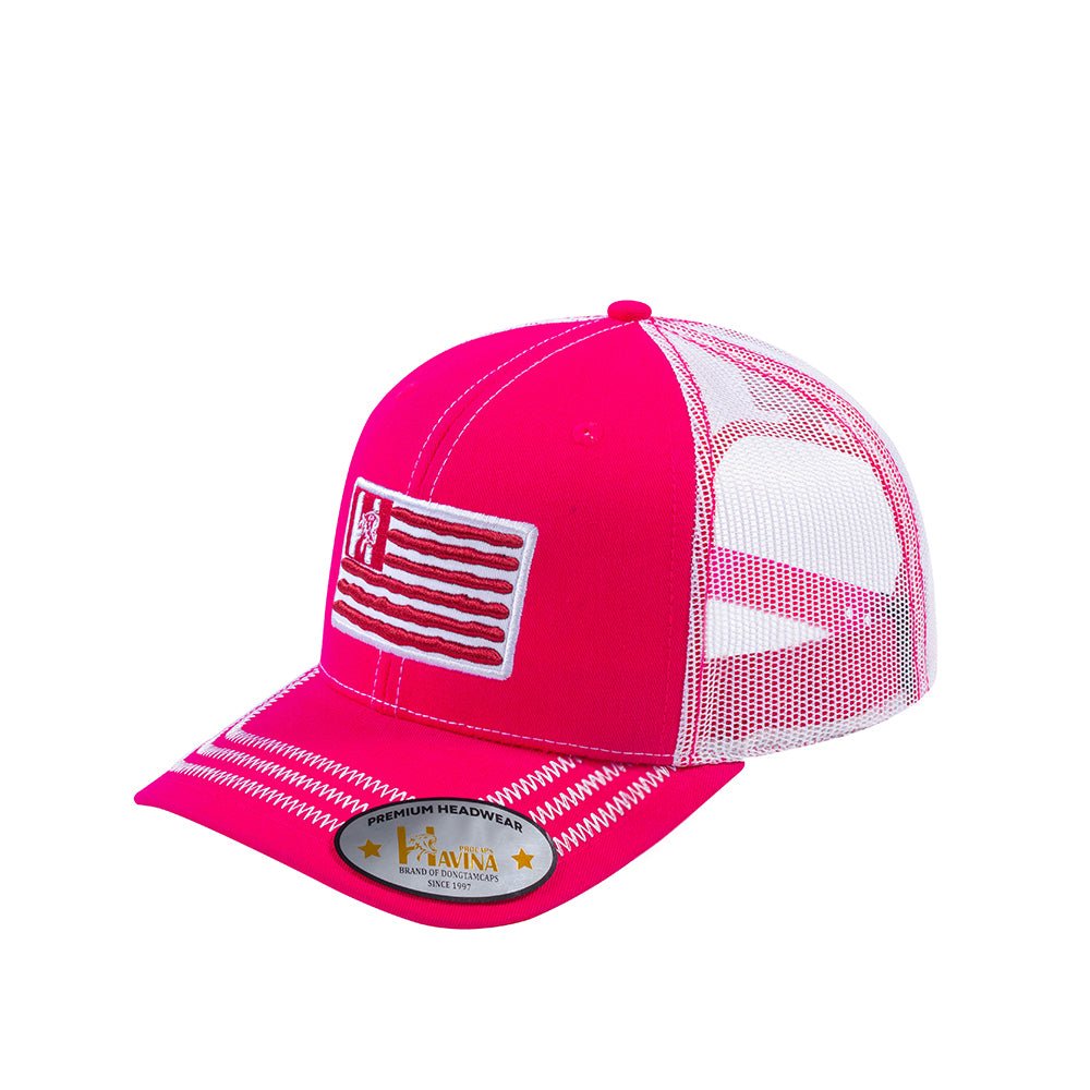 Embroidered The Us Flag - 6 Panel Trucker Hat - Pink/White - Zig Zag