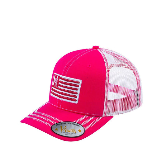 Embroidered The Us Flag - 6 Panel Trucker Hat - Pink/White - Zig Zag