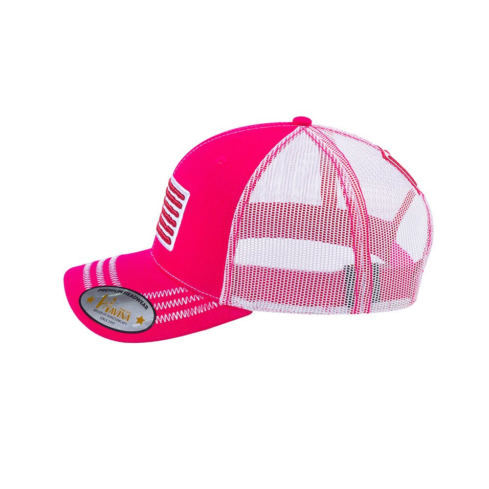Embroidered The Us Flag - 6 Panel Trucker Hat - Pink/White - Zig Zag