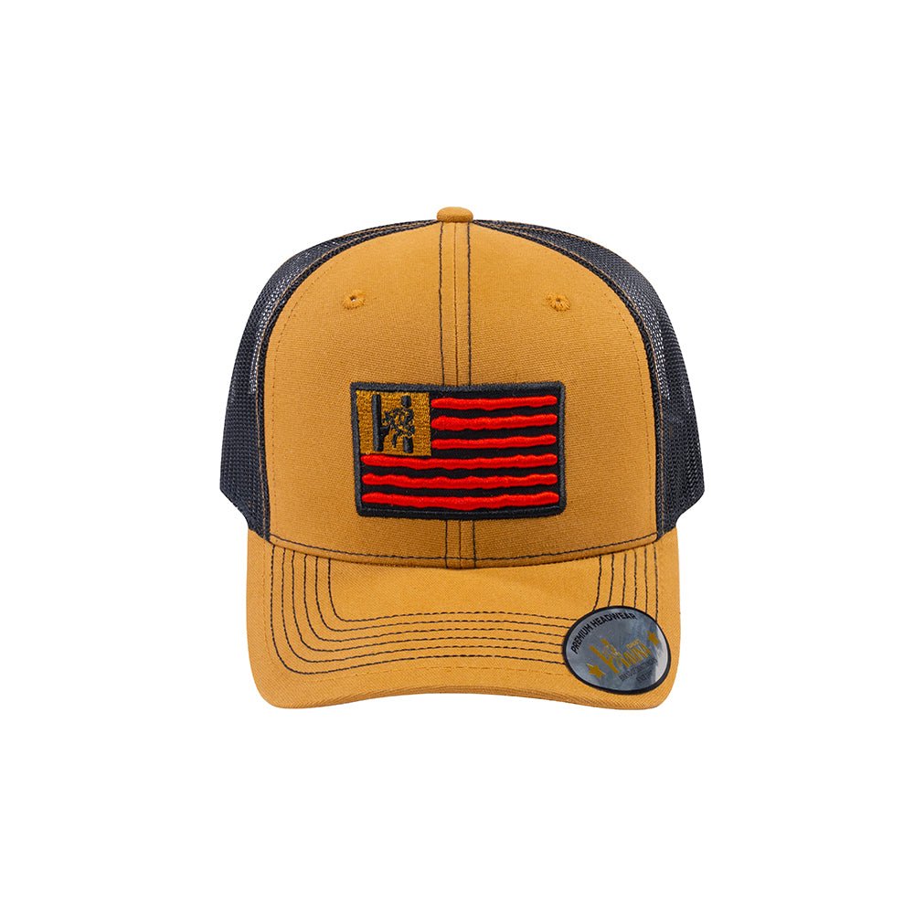 Embroidered The Us Flag - 6 Panel Trucker Hat - Light Brown/Black - Classic
