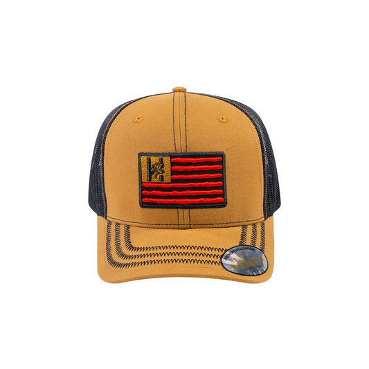 Embroidered The Us Flag - 6 Panel Trucker Hat - Light Brown/Black - Zig Zag