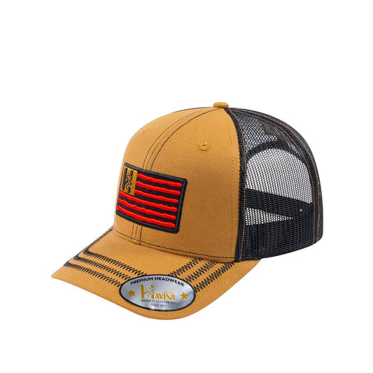 Embroidered The Us Flag - 6 Panel Trucker Hat - Light Brown/Black - Zig Zag