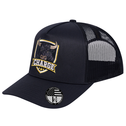 The Charge 5-Panel Trucker Hat - Black front and Black mesh back - angled view