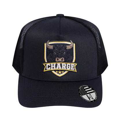 The Charge 5-Panel Trucker Hat - Black front and Black mesh back - front view