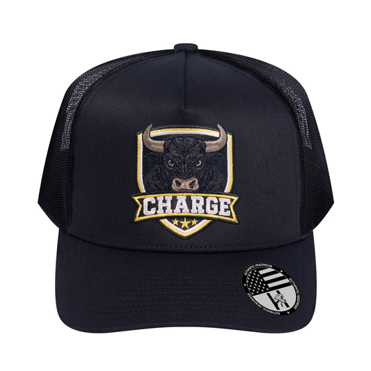 The Charge 5-Panel Trucker Hat - Black front and Black mesh back - front view