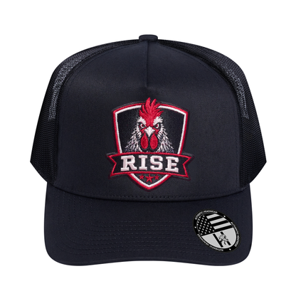 The Rise Rooster 5-Panel Trucker Hat - Black front and Black mesh back - front view