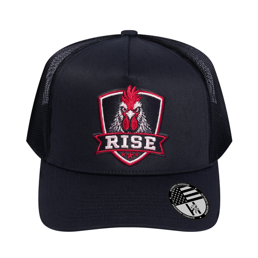 The Rise Rooster 5-Panel Trucker Hat - Black front and Black mesh back - front view