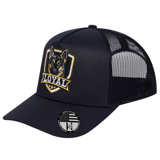 The Loyal 5-Panel Trucker Hat - Black front and Black mesh back - angled view