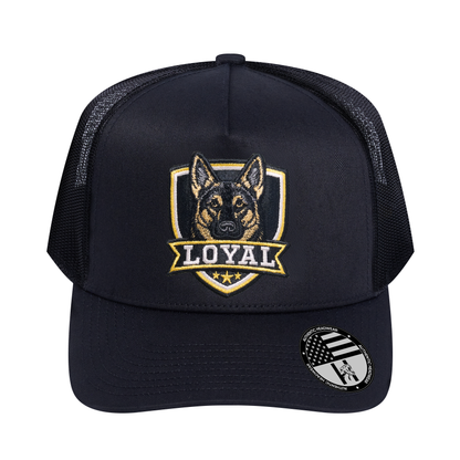 The Loyal 5-Panel Trucker Hat - Black front and Black mesh back - front view